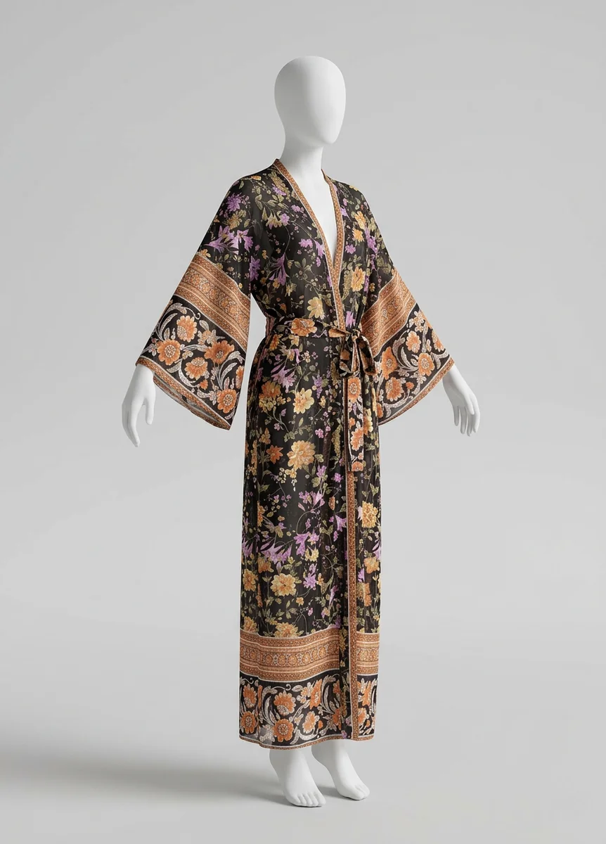 Kimono plage synthétique long vaporeux bohème femme - Vue 2 - Kimono Plage