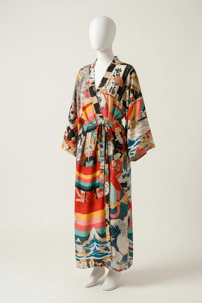 Kimono plage viscose long imprimé artistique femme élégant - Vue 3 - Kimono Plage