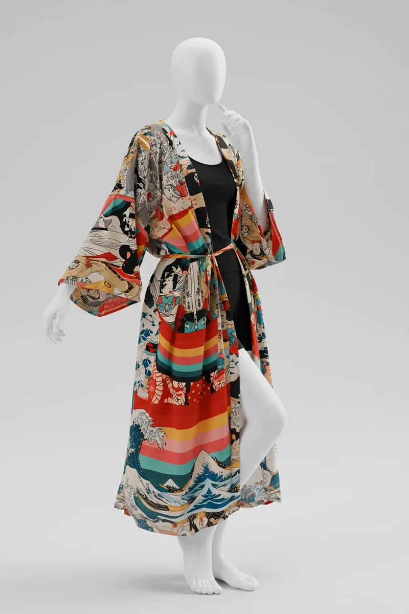 Kimono plage viscose long imprimé artistique femme élégant - Vue 5 - Kimono Plage
