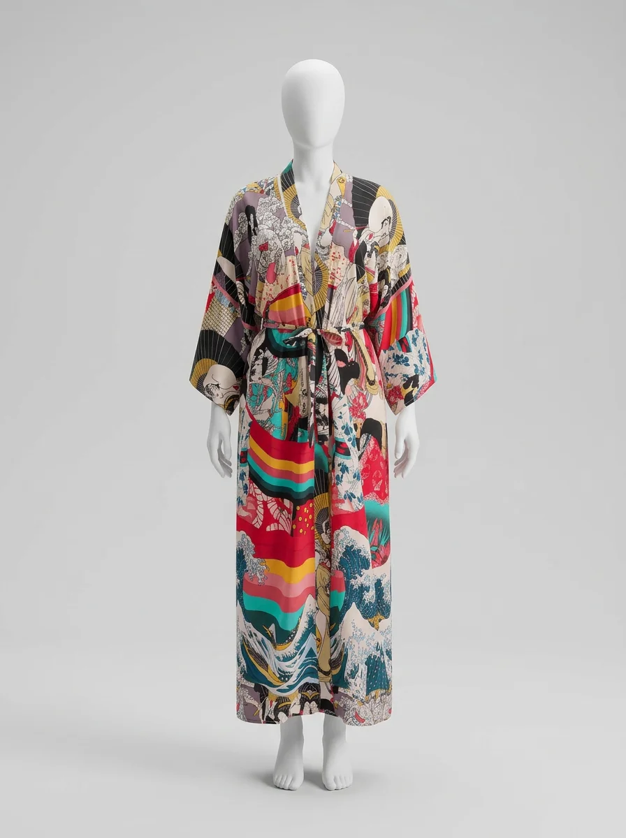 Kimono plage viscose long imprimé artistique femme élégant - Vue 6 - Kimono Plage