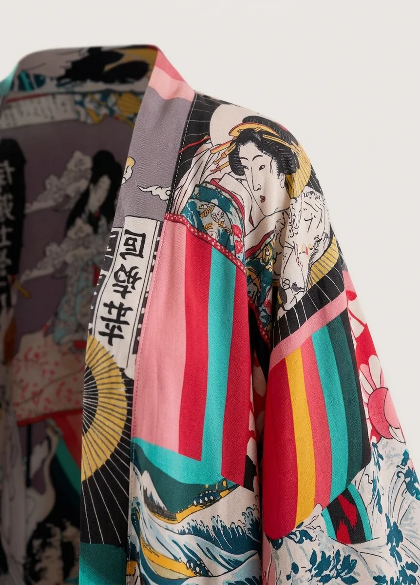 Kimono plage viscose long imprimé artistique femme élégant - Vue 8 - Kimono Plage