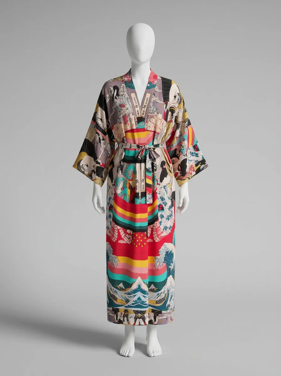 Kimono plage viscose long imprimé artistique femme élégant - Vue 9 - Kimono Plage